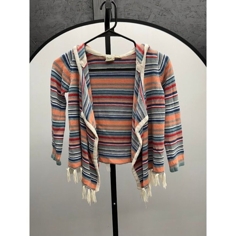 Roxy Girl Multicolored Striped Hooded Fringe Cardigan
